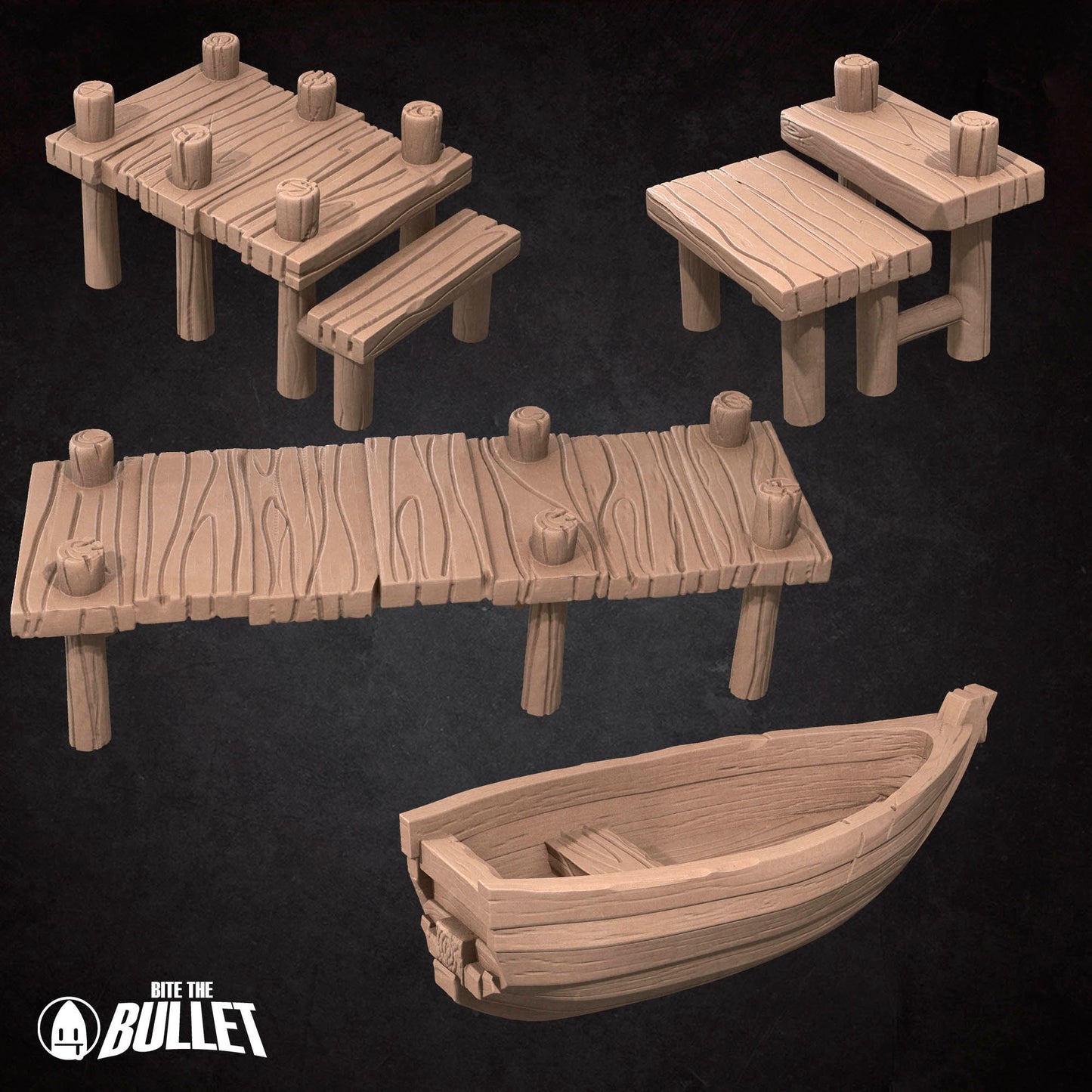 Sea Port Terrain Set | Bite The Bullet | Bullet Town Fishing Village | 35mm Scale Resin Printed Tabletop RPG Miniature Figures For DND 5E