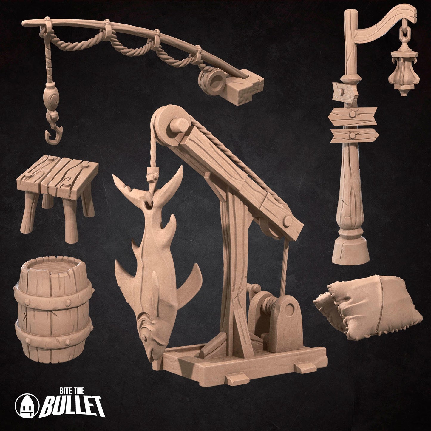 Sea Port Terrain Set | Bite The Bullet | Bullet Town Fishing Village | 35mm Scale Resin Printed Tabletop RPG Miniature Figures For DND 5E