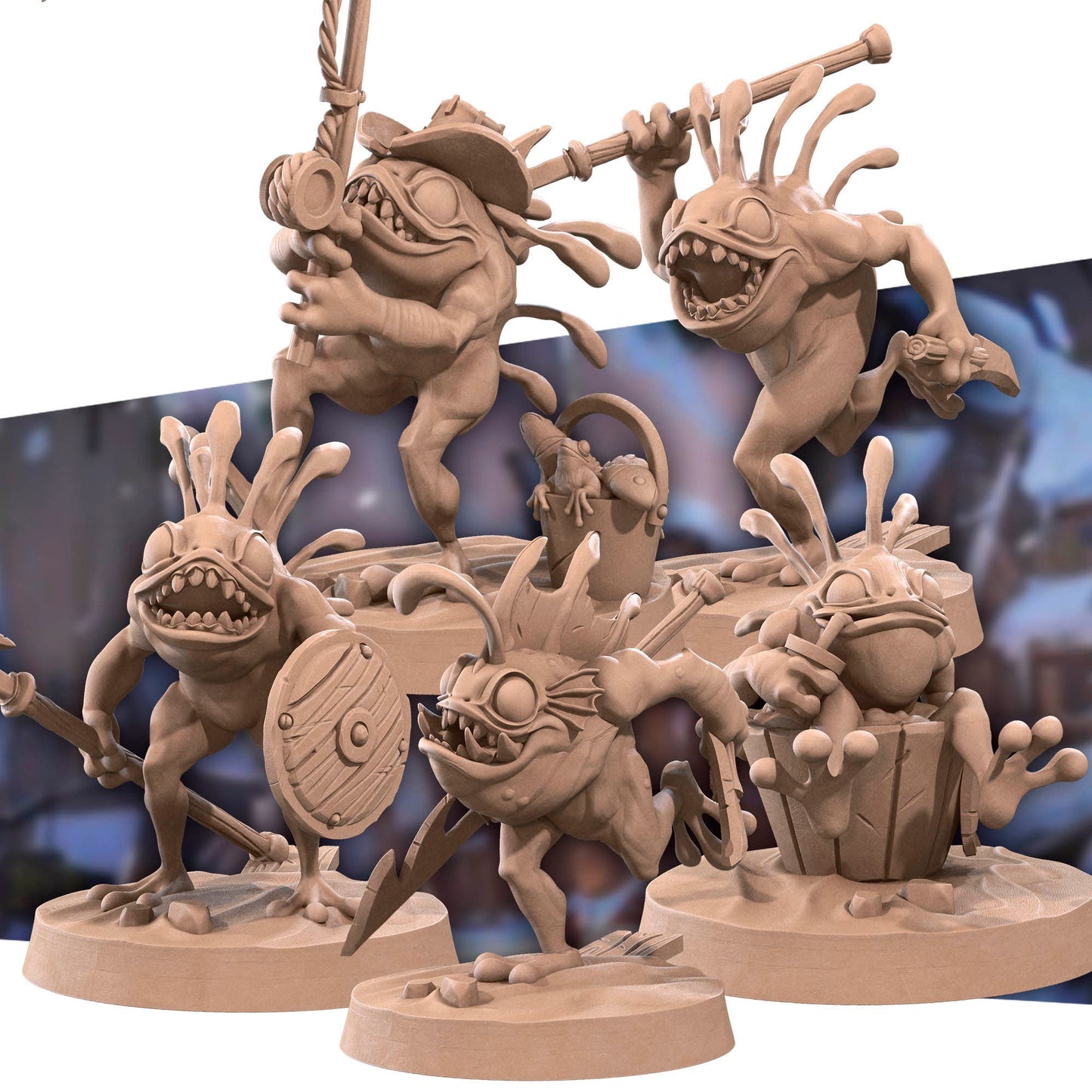 Aquarian Menace Set | Bite The Bullet | Bullet Town Fishing Village | 35mm Scale Resin Printed Tabletop RPG Miniature Figures For DND 5E