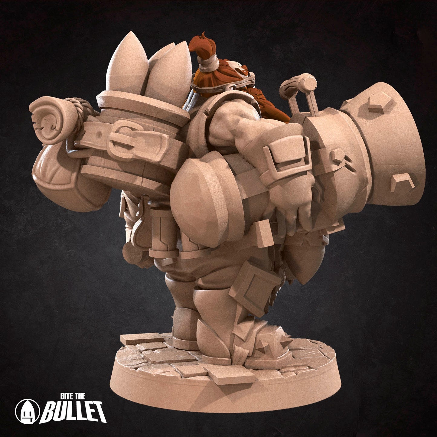 Dwarf artillerist with long red beard and a giant cannon and dynamite