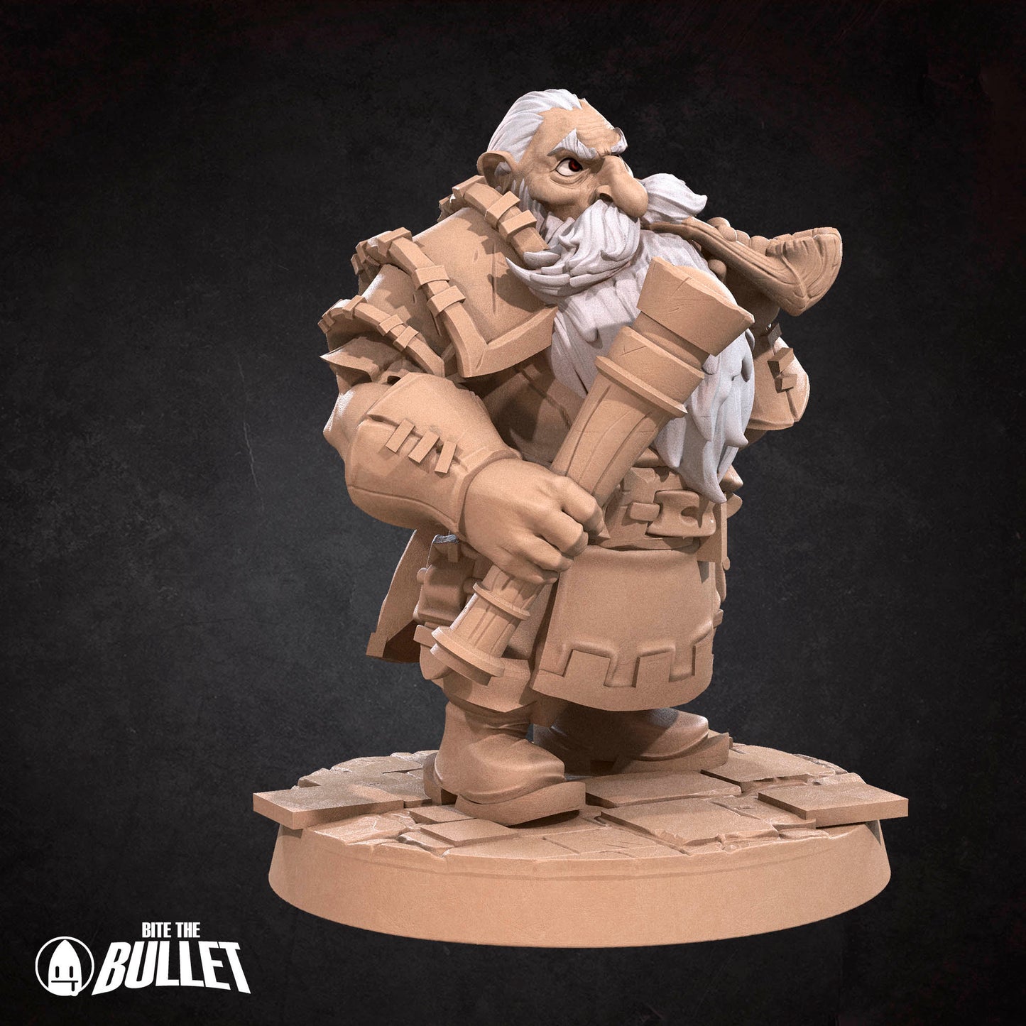 Dwarf watchman with long white beard with a wooden pipe and telescope