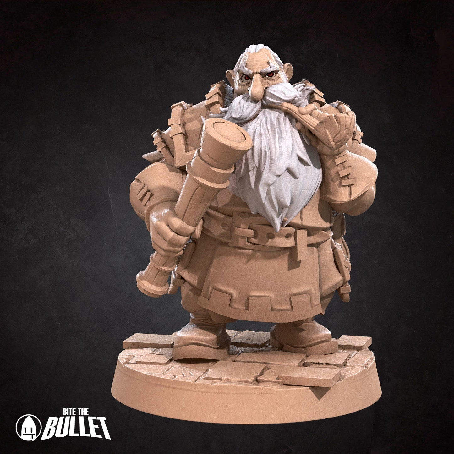 Dwarf watchman with long white beard with a wooden pipe and telescope