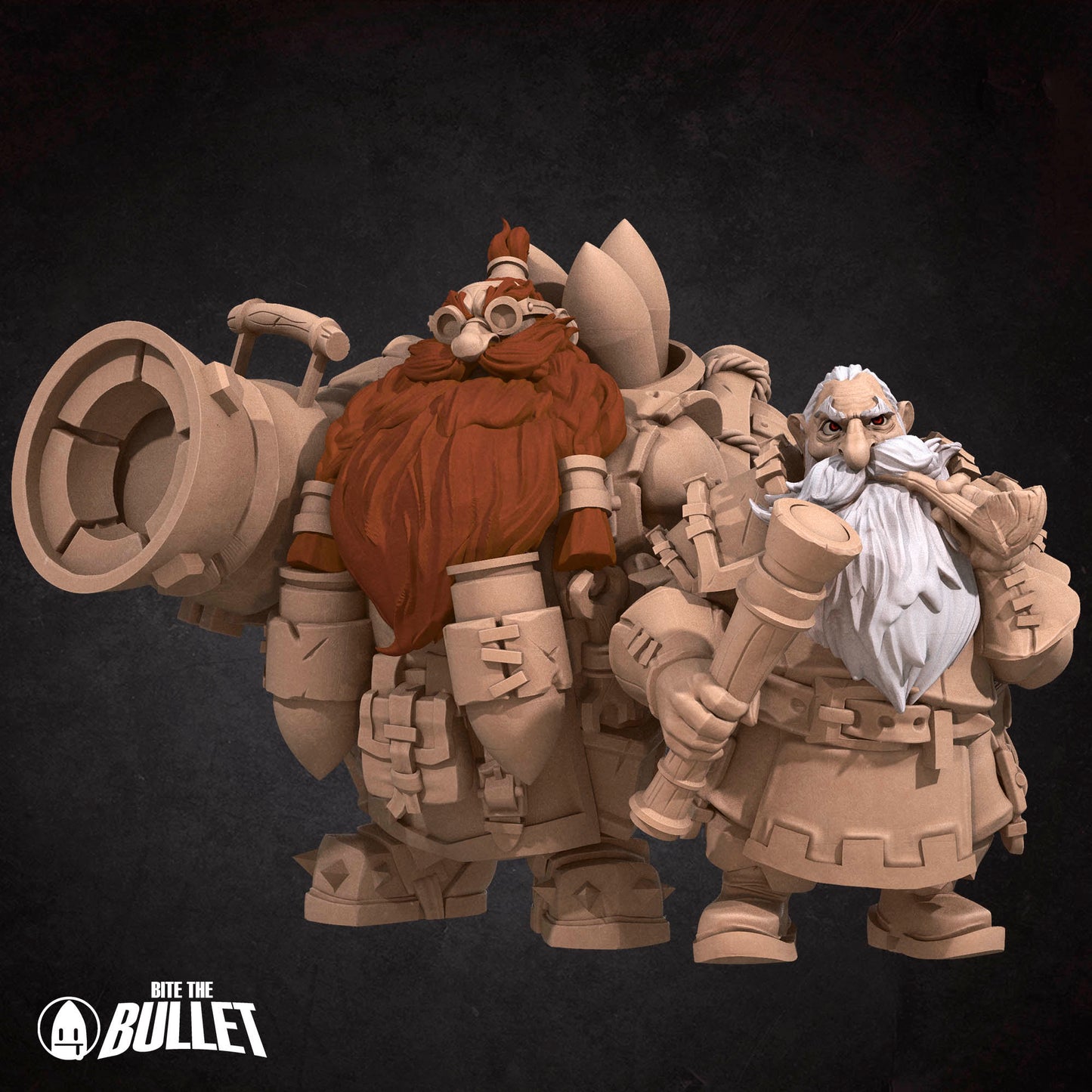 Two stocky dwarves holding rifles and smoking a pipe ready for battle