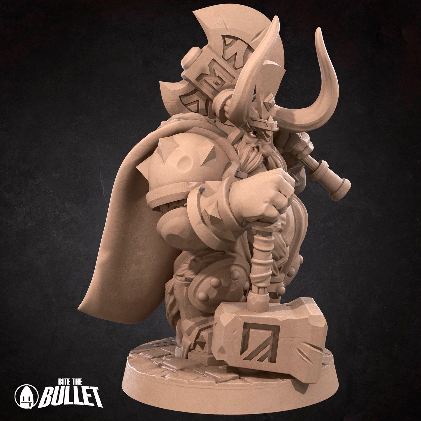 Armored stoic dwarf king wearing a horned helmet holding an axe and resting his other hand on a hammer