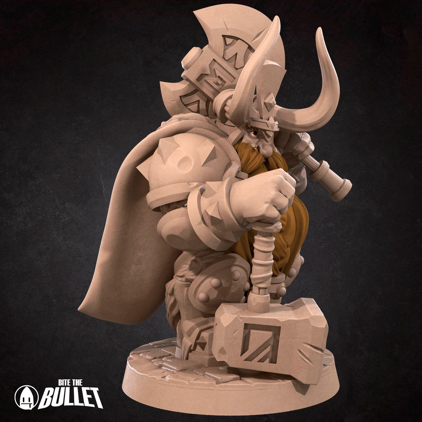 Armored stoic dwarf king wearing a horned helmet holding an axe and resting his other hand on a hammer