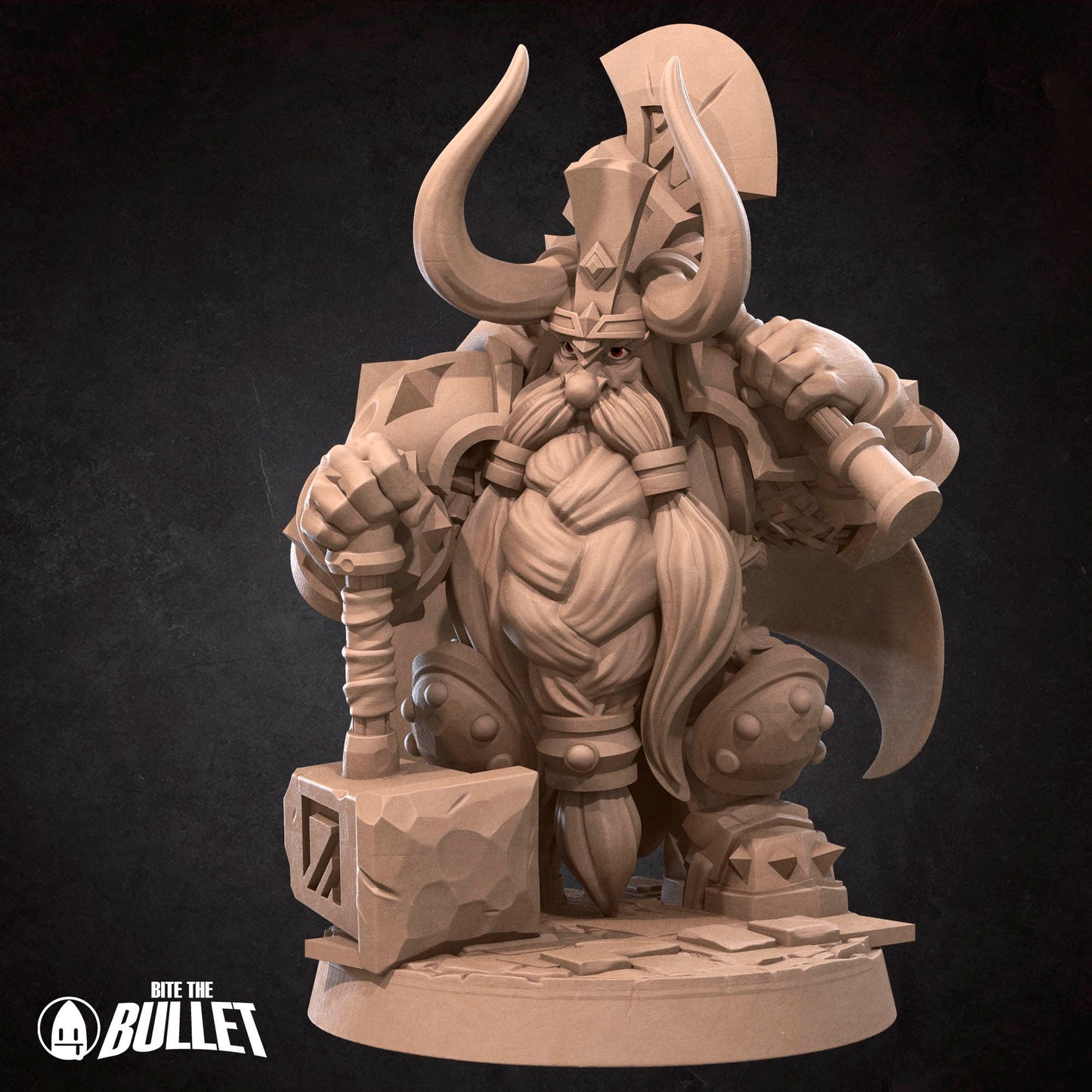 Armored stoic dwarf king wearing a horned helmet holding an axe and resting his other hand on a hammer