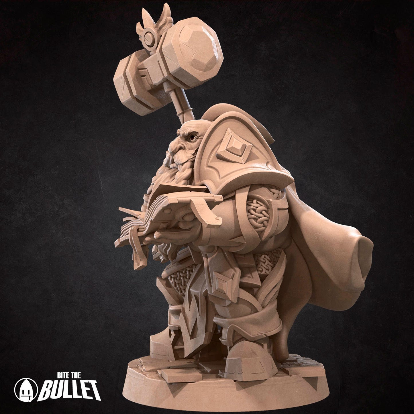 Armored dwarf priest holding a hammer staff and religious book
