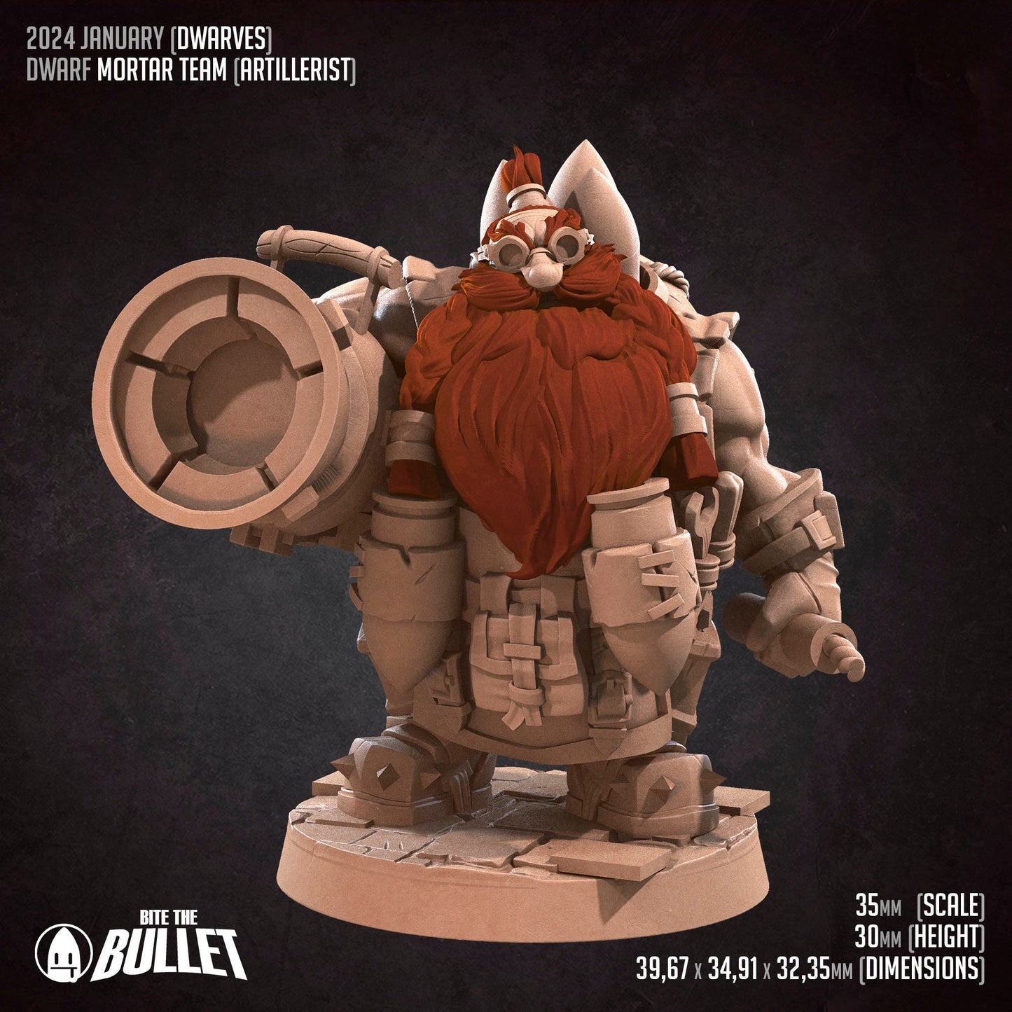 Dwarf artillerist with long red beard and a giant cannon and dynamite