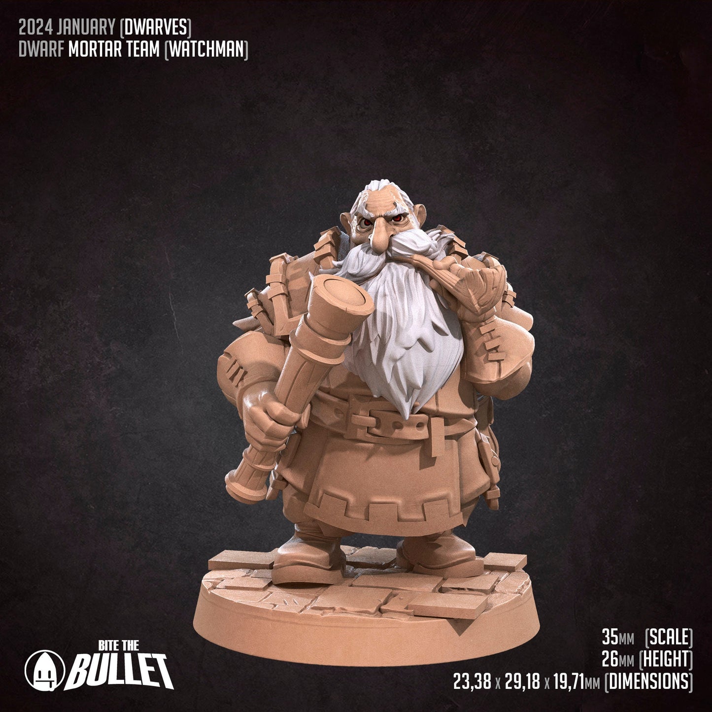 Dwarf watchman with long white beard with a wooden pipe and telescope
