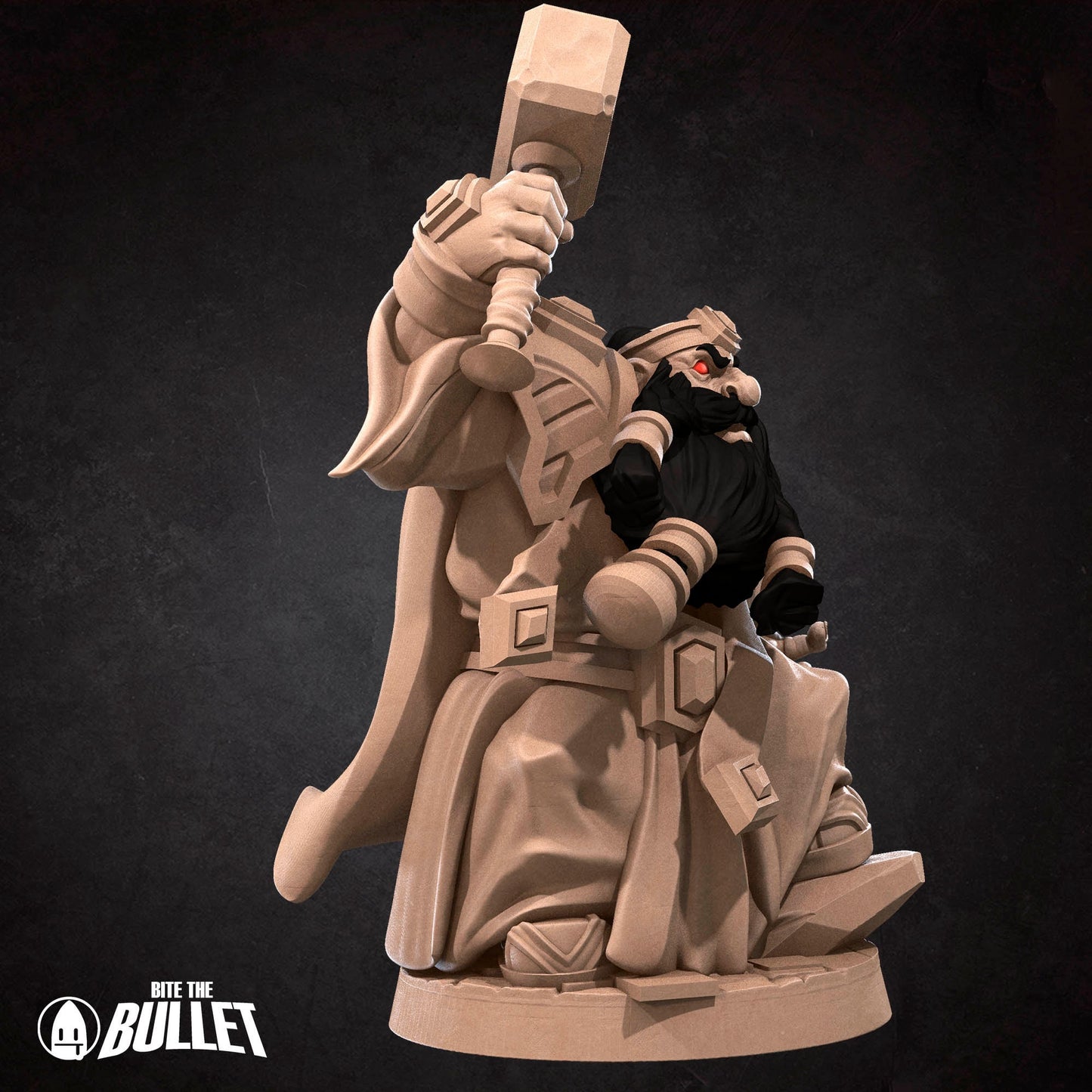 Evil looking dwarf with long black beard holding a hammer menacingly