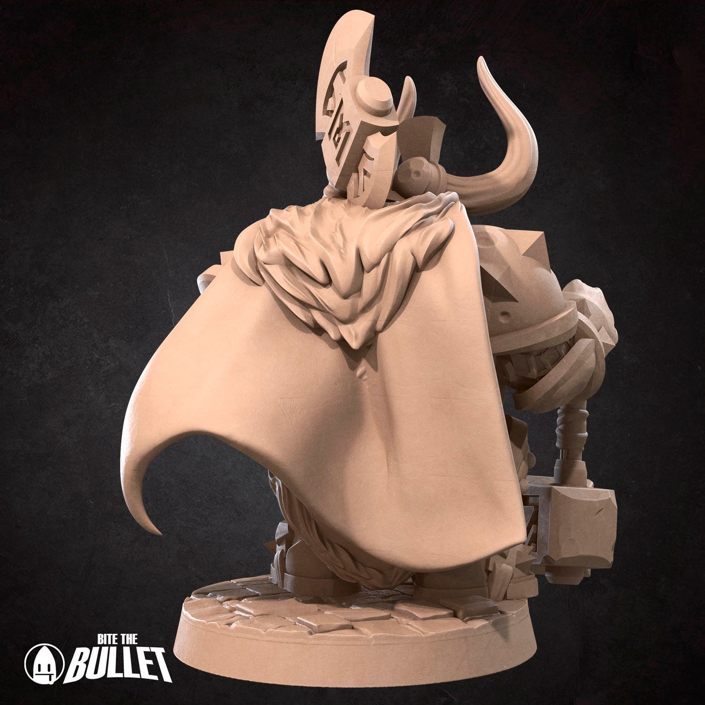 Armored stoic dwarf king wearing a horned helmet holding an axe and resting his other hand on a hammer