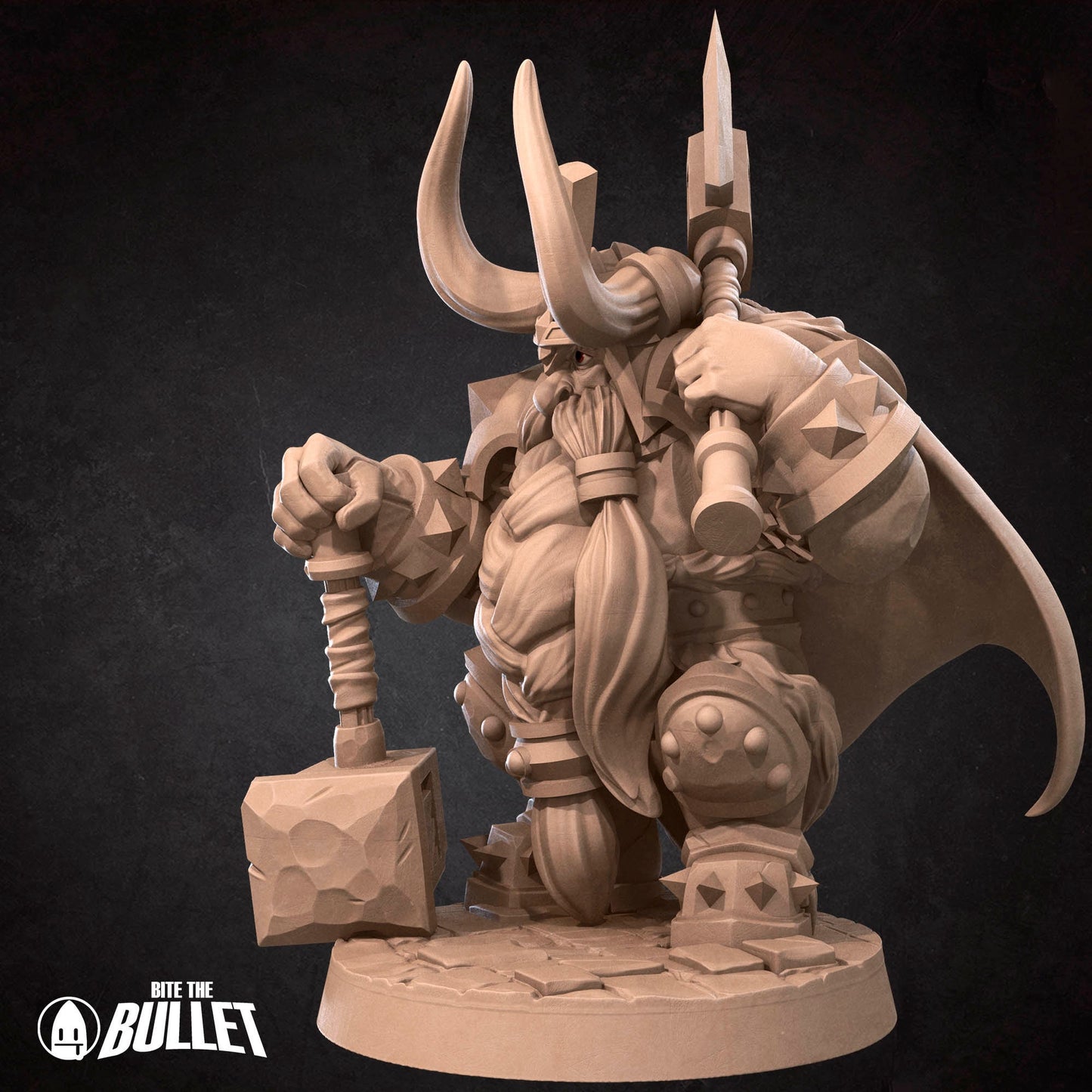 Armored stoic dwarf king wearing a horned helmet holding an axe and resting his other hand on a hammer