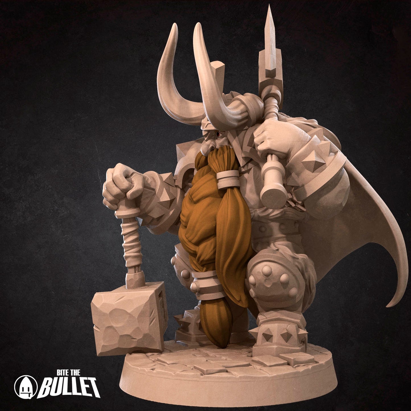 Armored stoic dwarf king wearing a horned helmet holding an axe and resting his other hand on a hammer