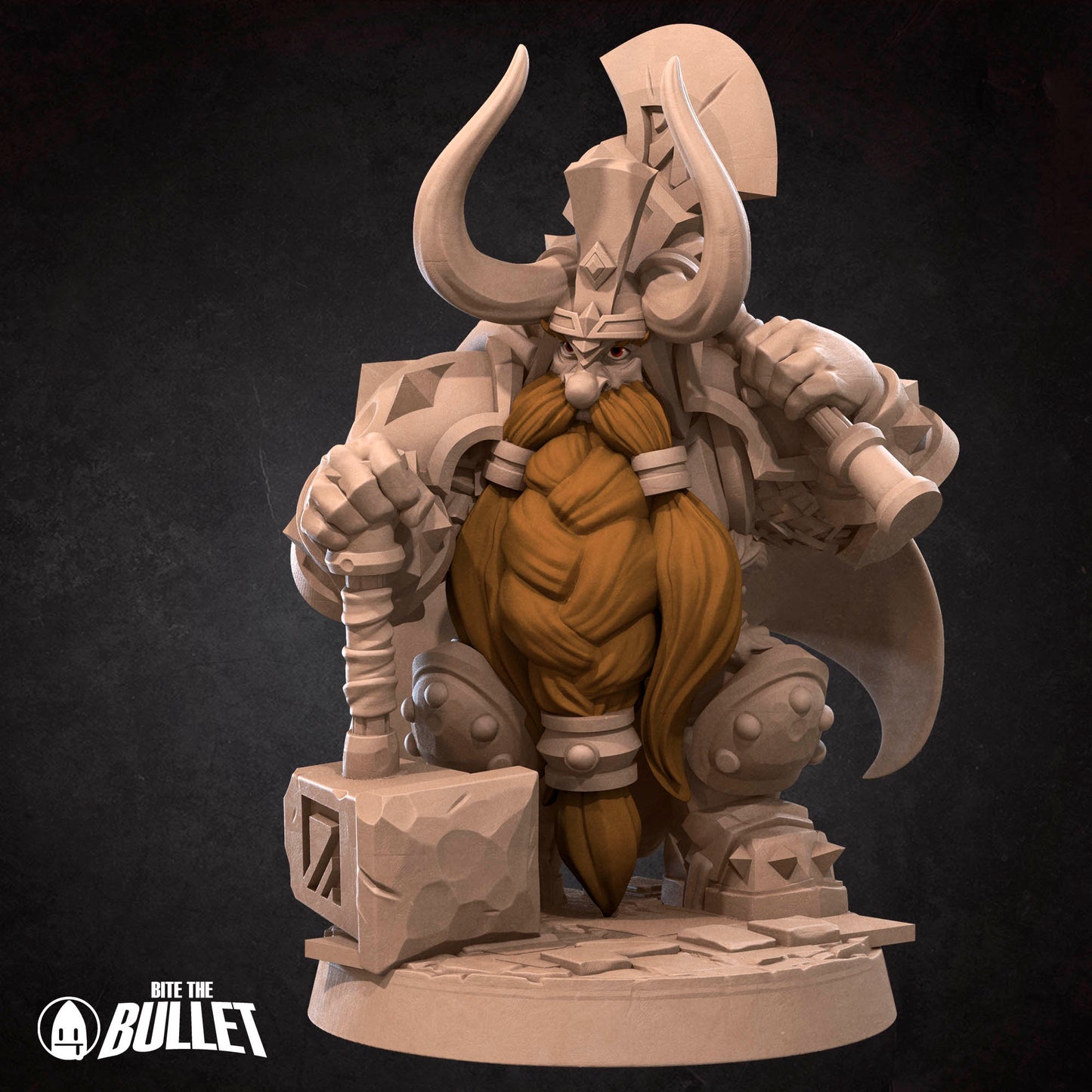 Armored stoic dwarf king wearing a horned helmet holding an axe and resting his other hand on a hammer