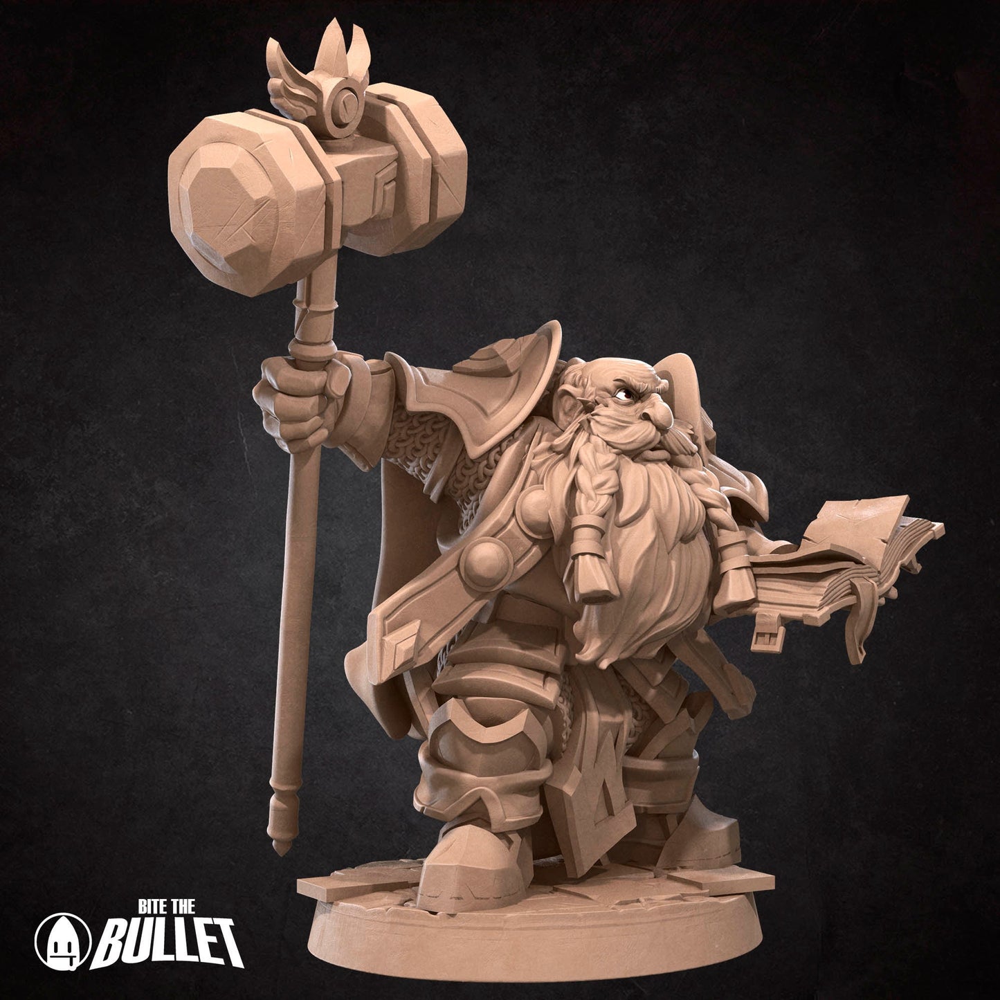 Armored dwarf priest holding a hammer staff and religious book