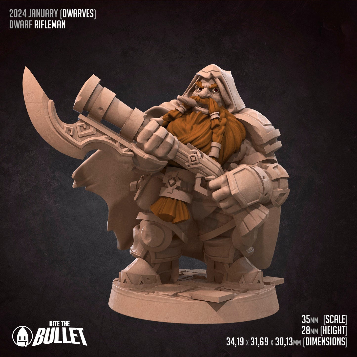 Dwarf rifleman holding an gun with an axe bayonet