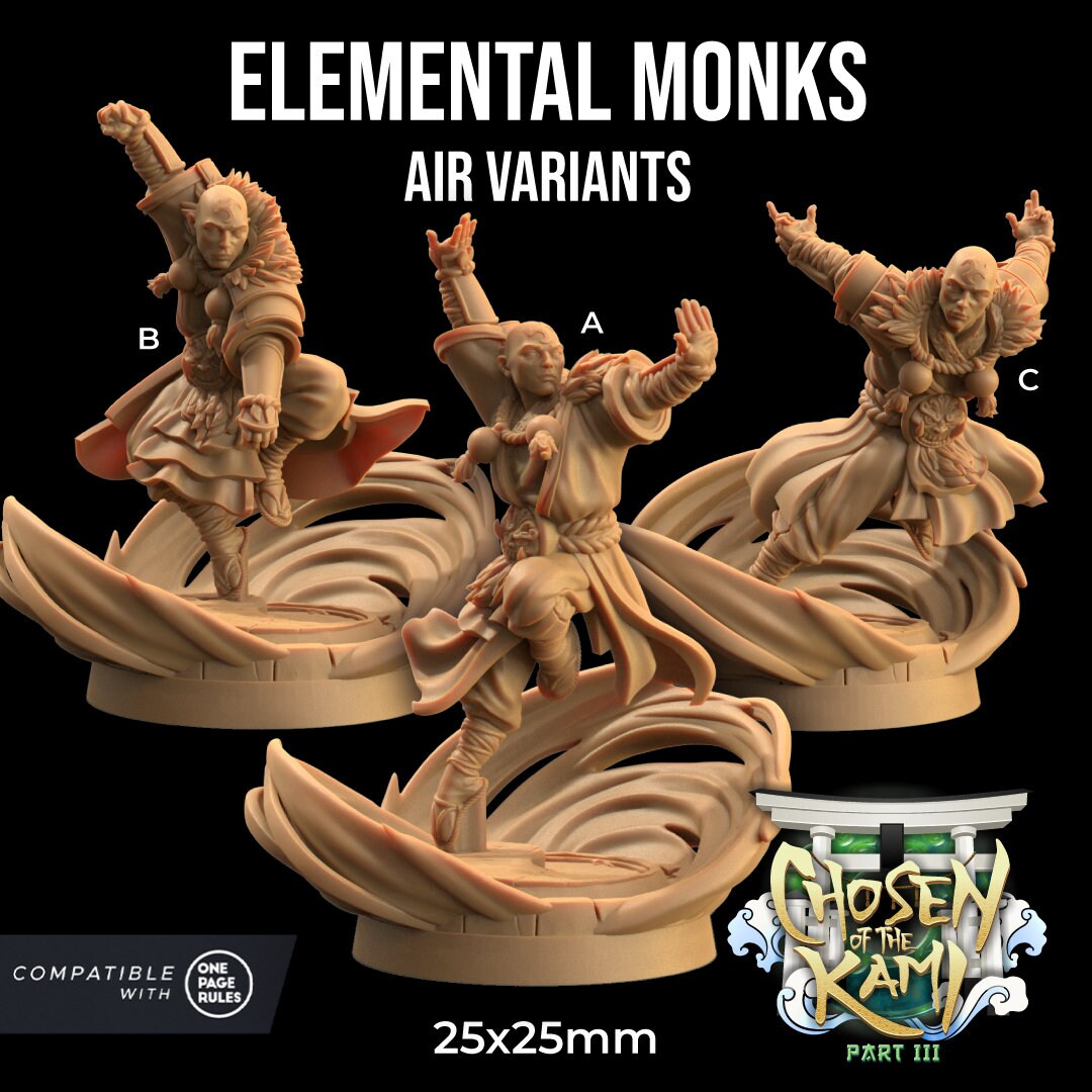 Elemental Monks Set | Dragon Trappers Lodge | Chosen Of The Kami | 32mm Scale Resin Printed Tabletop RPG Figure For DND
