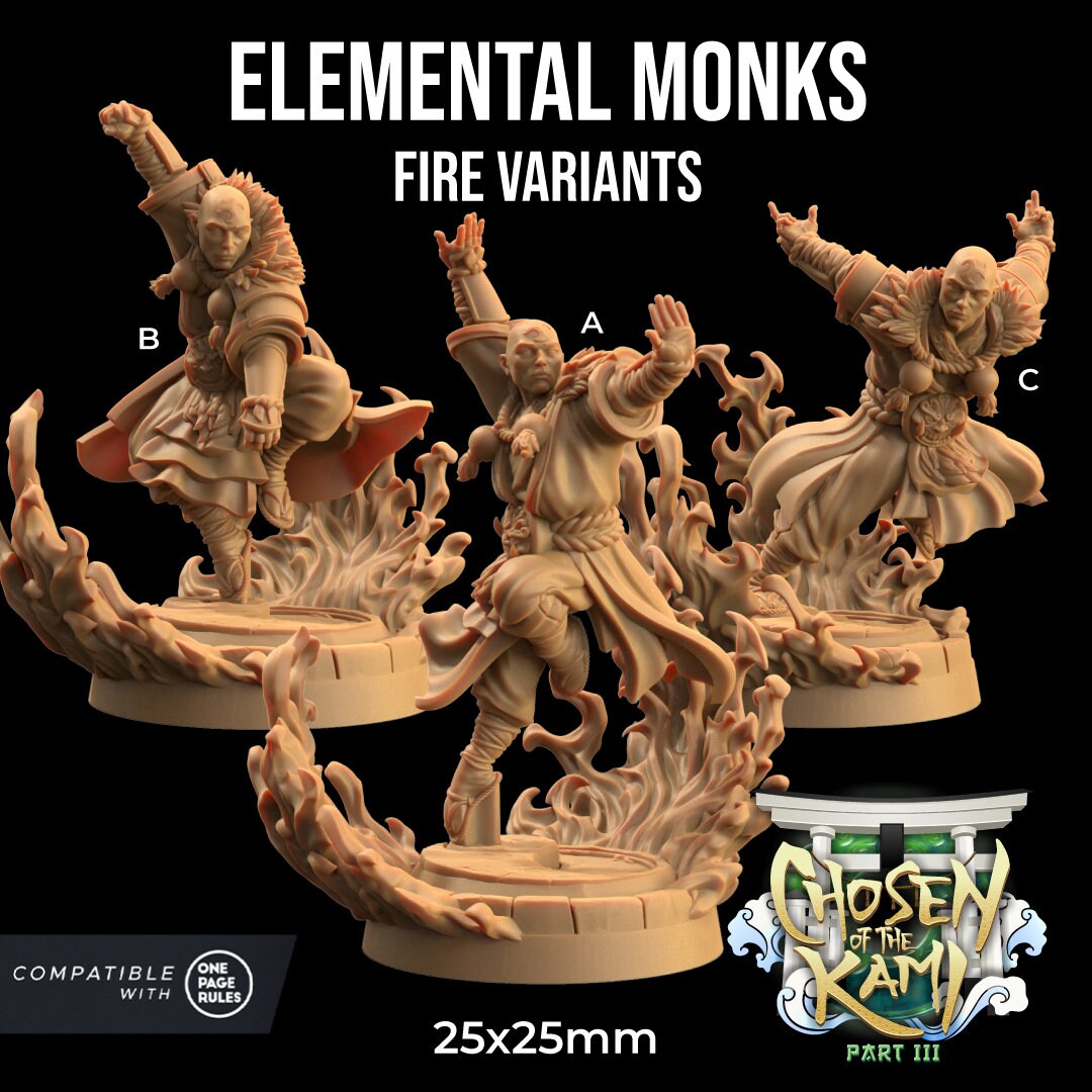 Elemental Monks Set | Dragon Trappers Lodge | Chosen Of The Kami | 32mm Scale Resin Printed Tabletop RPG Figure For DND