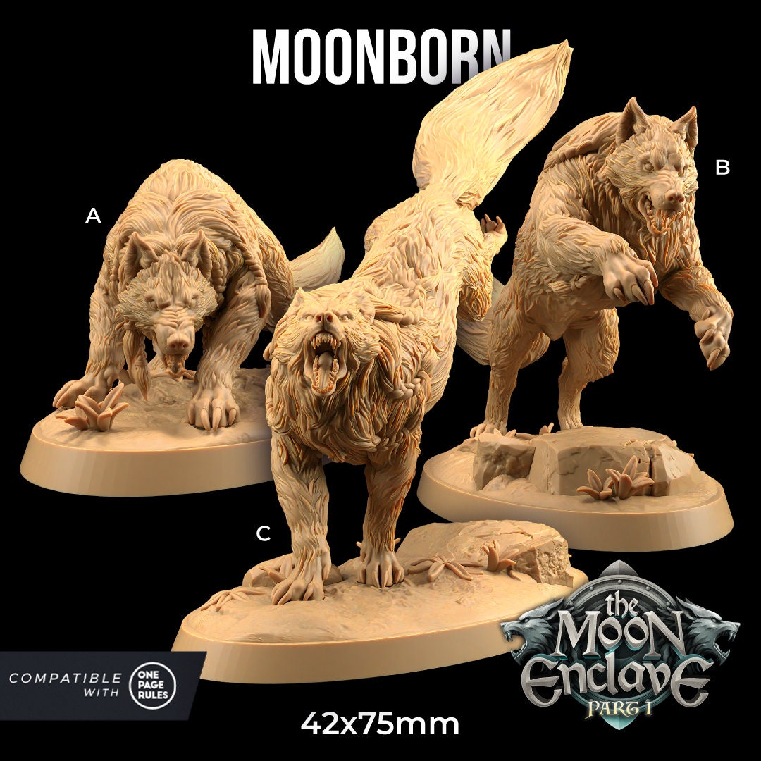 Moonborn Wolves Set | Dragon Trappers Lodge | The Moon Enclave | 32mm Scale Resin Printed Tabletop RPG Figure For DND