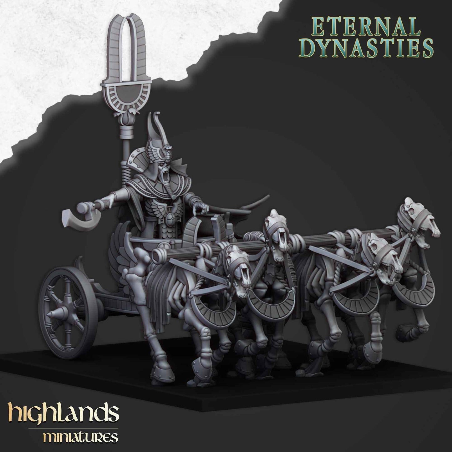 Eternal Pharaoh On Chariot | Eternal Dynasties | Highland Miniatures | 32mm Scale Resin Tabletop RPG Figures for Roleplaying and Wargaming