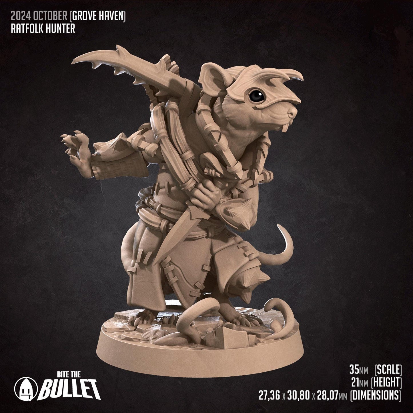 Ratfolk Hunter | Grove Haven | Bite The Bullet | 35mm Scale | Resin Printed Tabletop RPG Miniature Figures | DND | 5E
