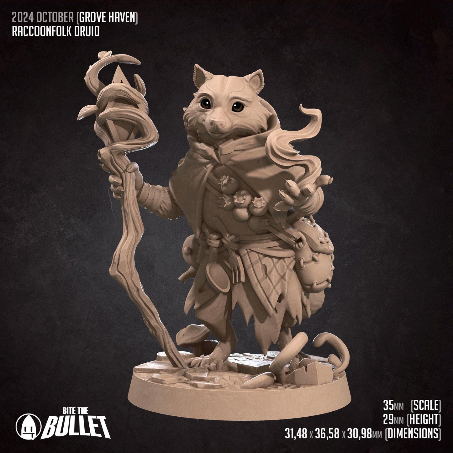 Raccoonfolk Druid | Grove Haven | Bite The Bullet | 35mm Scale | Resin Printed Tabletop RPG Miniature Figures | DND | 5E