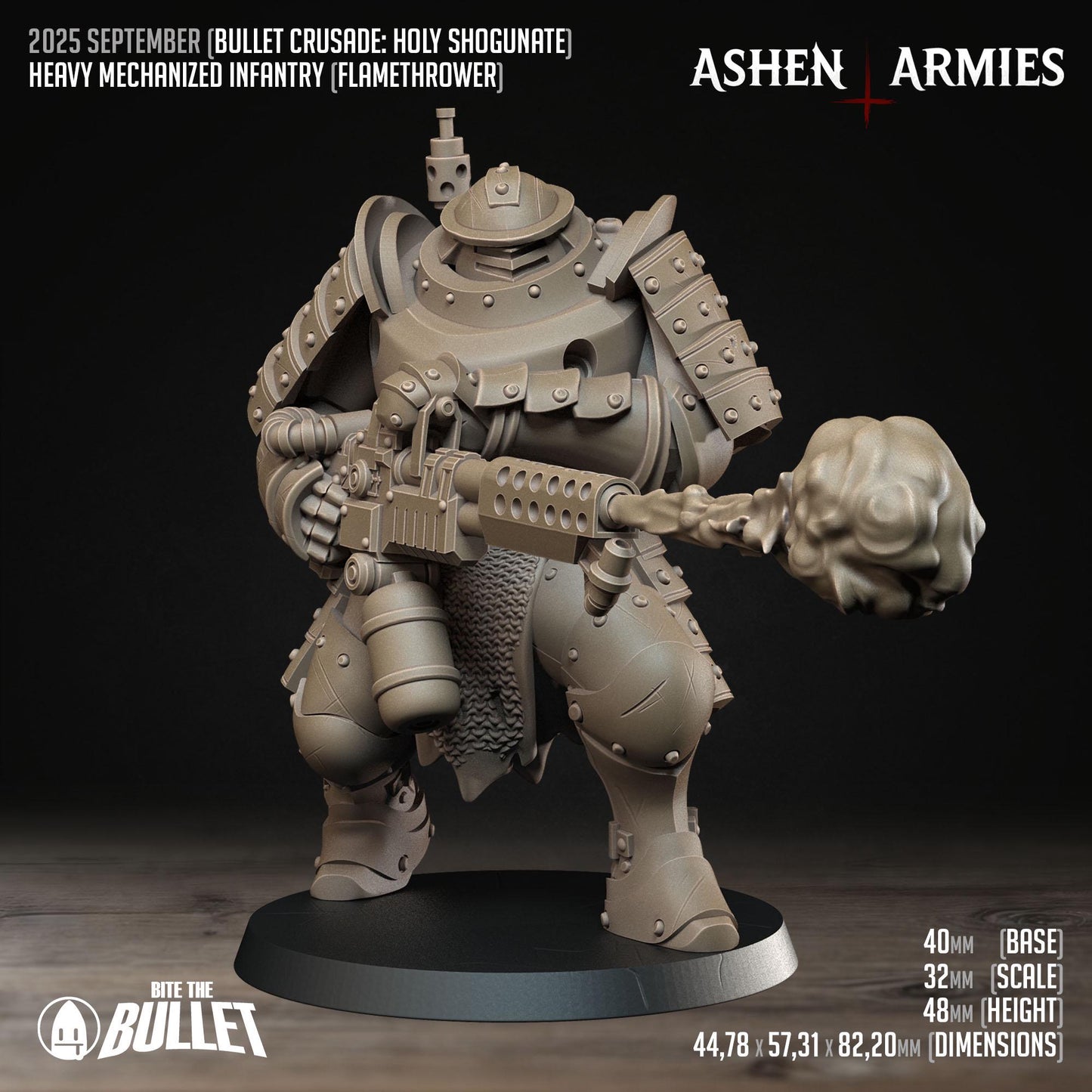Heavy Infantry - Flamethrower | Bullet Crusade: Holy Shogunate | Bite The Bullet | 35mm Scale | Resin Printed Tabletop RPG Miniature Figures