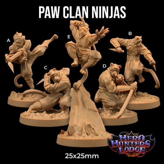 Paw Clan Ninjas Set | Dragon Trappers Lodge | Hero Hunters Lodge | 32mm Scale Resin Printed Tabletop RPG Figure For DND and TTRPGs