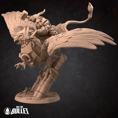 Highly detailed dwarf holding a hammer riding a gryphon