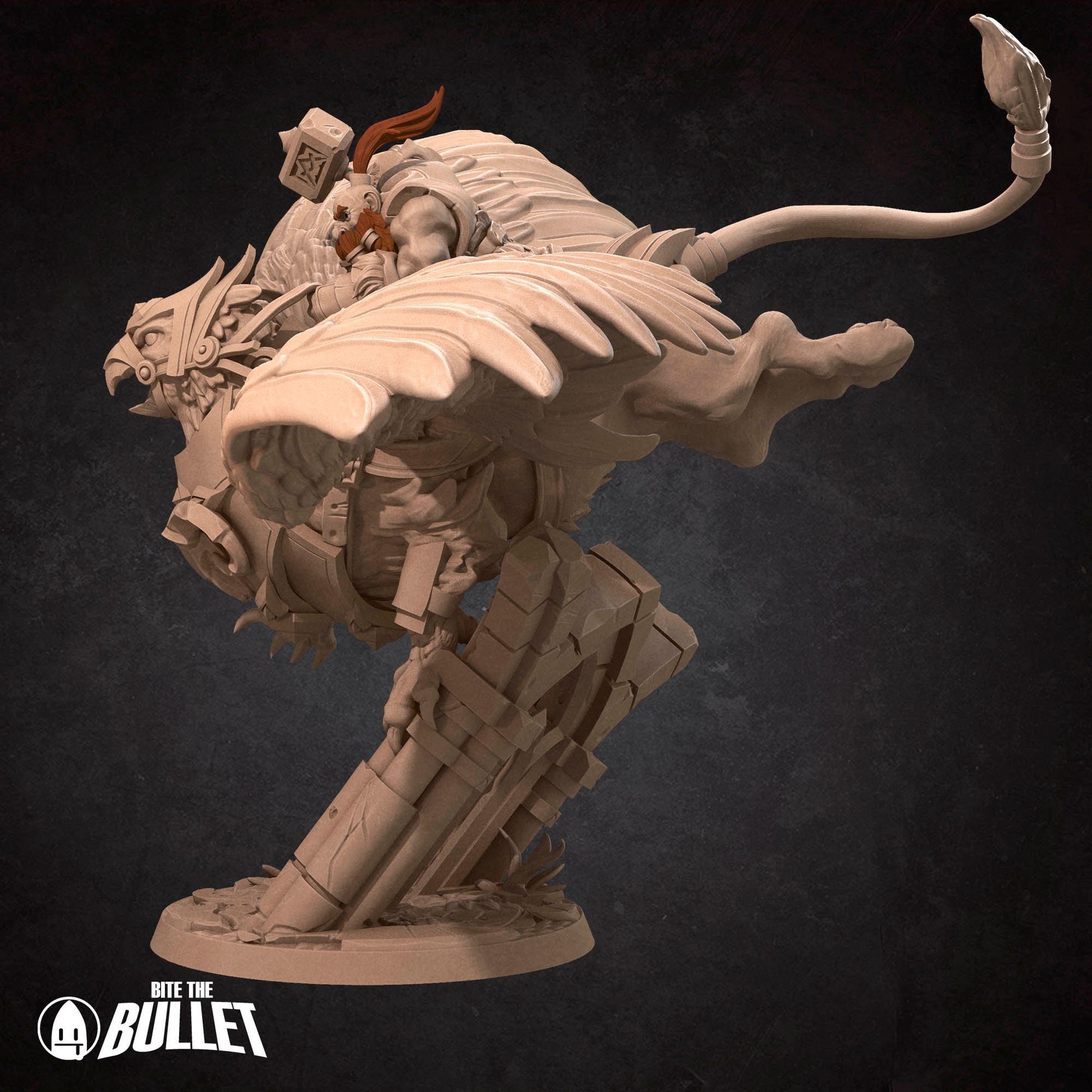 Highly detailed dwarf holding a hammer riding a gryphon