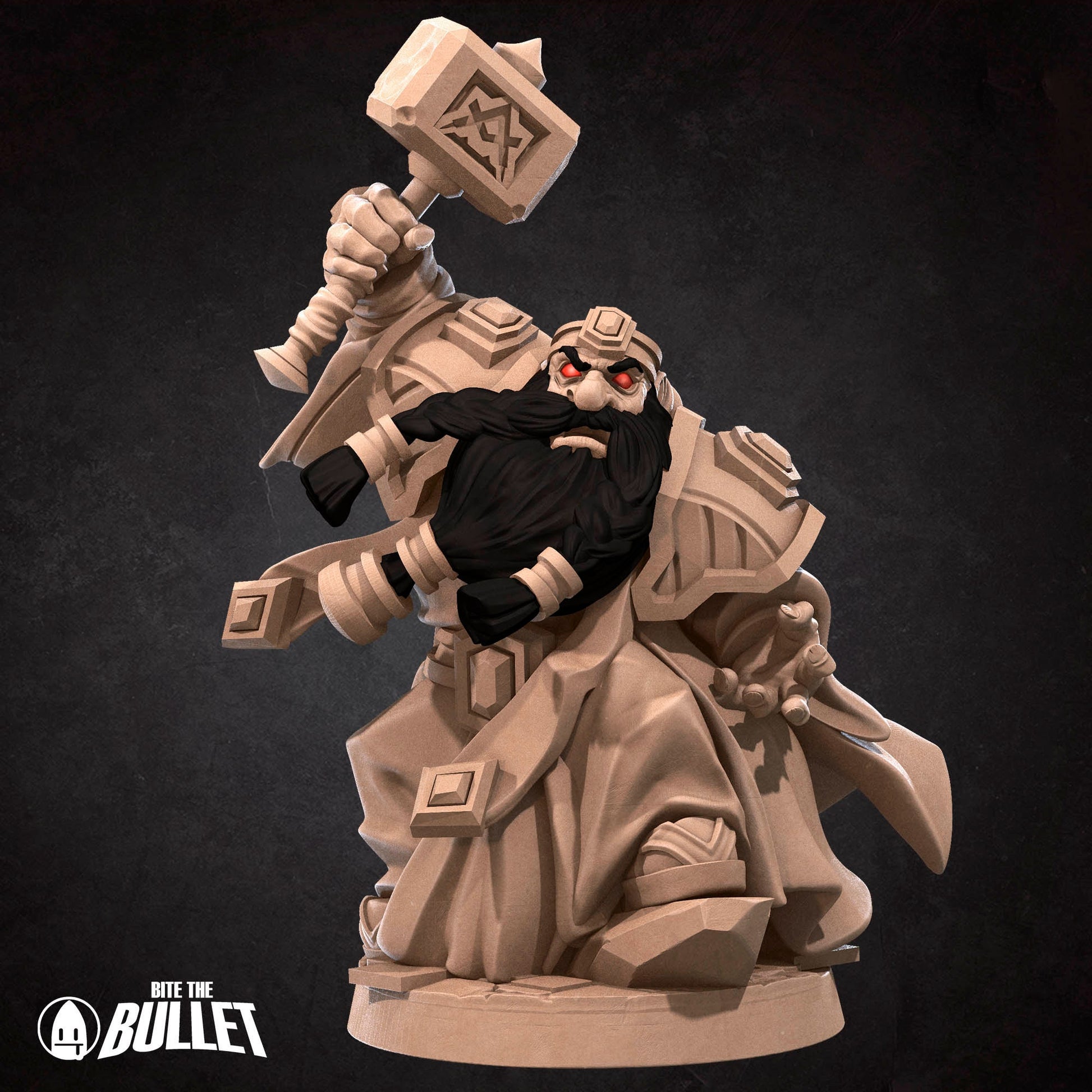 Evil looking dwarf with long black beard holding a hammer menacingly