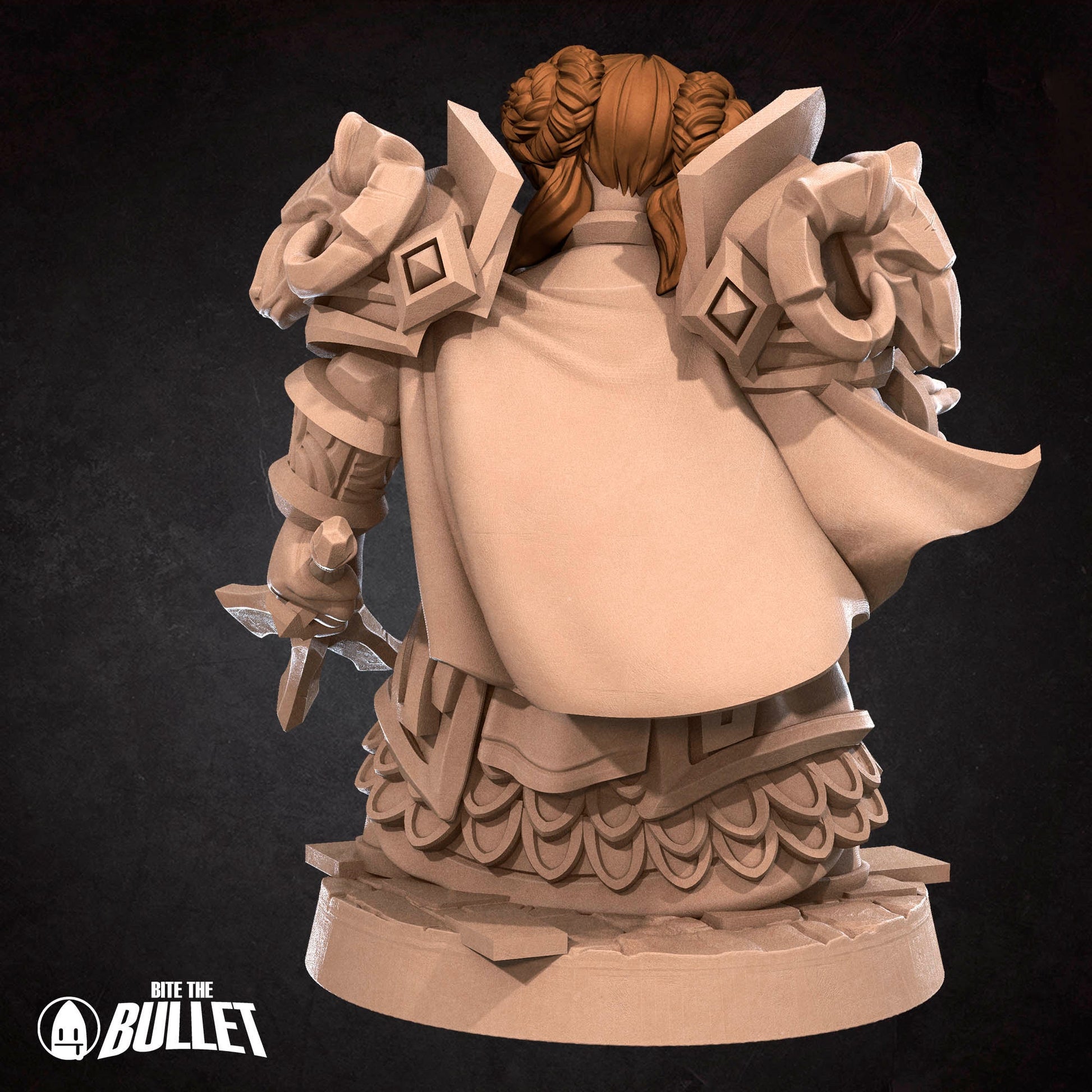 Armored Dwarf Priestess holding a mace while preparing a spell
