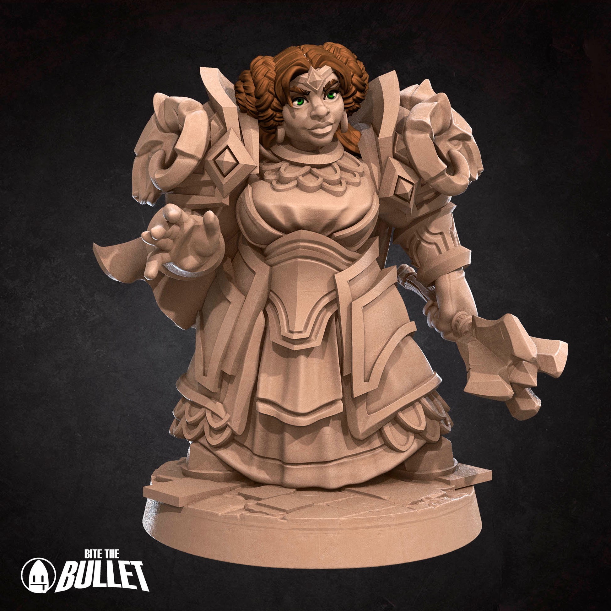 Armored Dwarf Priestess holding a mace while preparing a spell