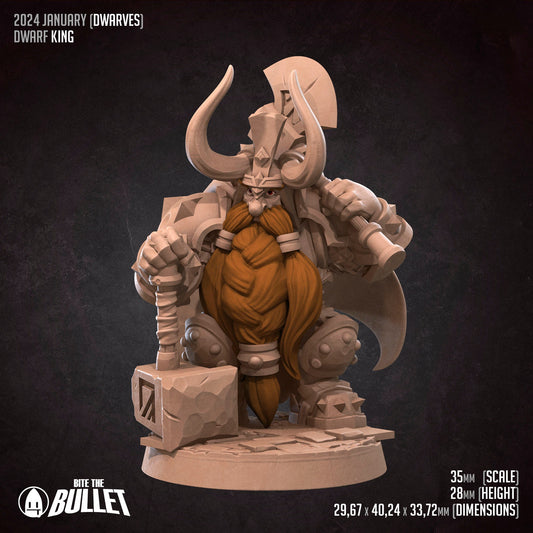 Armored stoic dwarf king wearing a horned helmet holding an axe and resting his other hand on a hammer