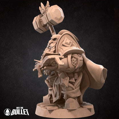 Armored dwarf priest holding a hammer staff and religious book
