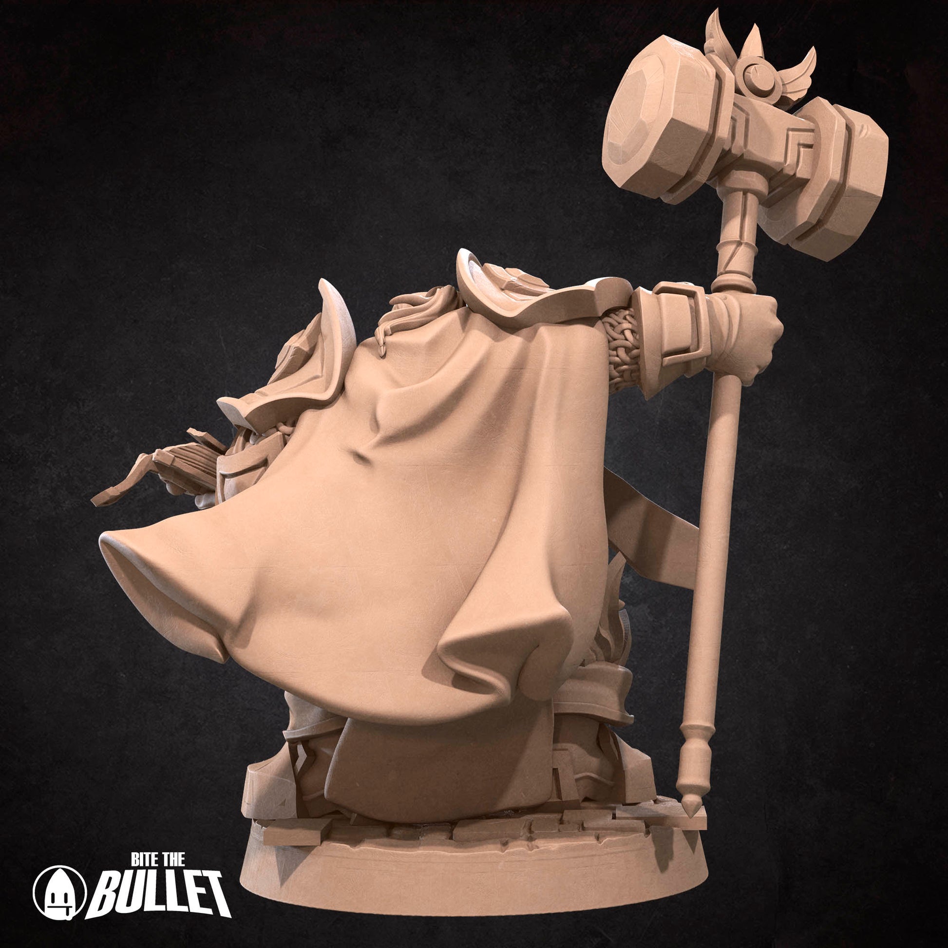 Armored dwarf priest holding a hammer staff and religious book