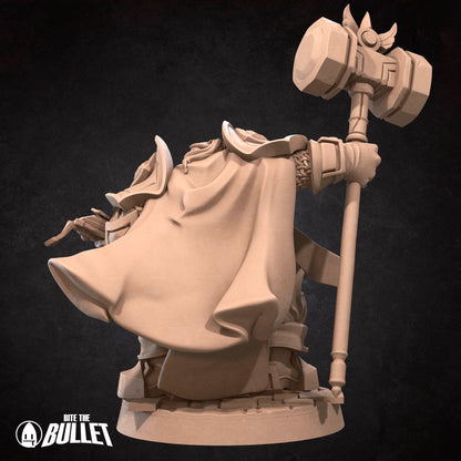 Armored dwarf priest holding a hammer staff and religious book