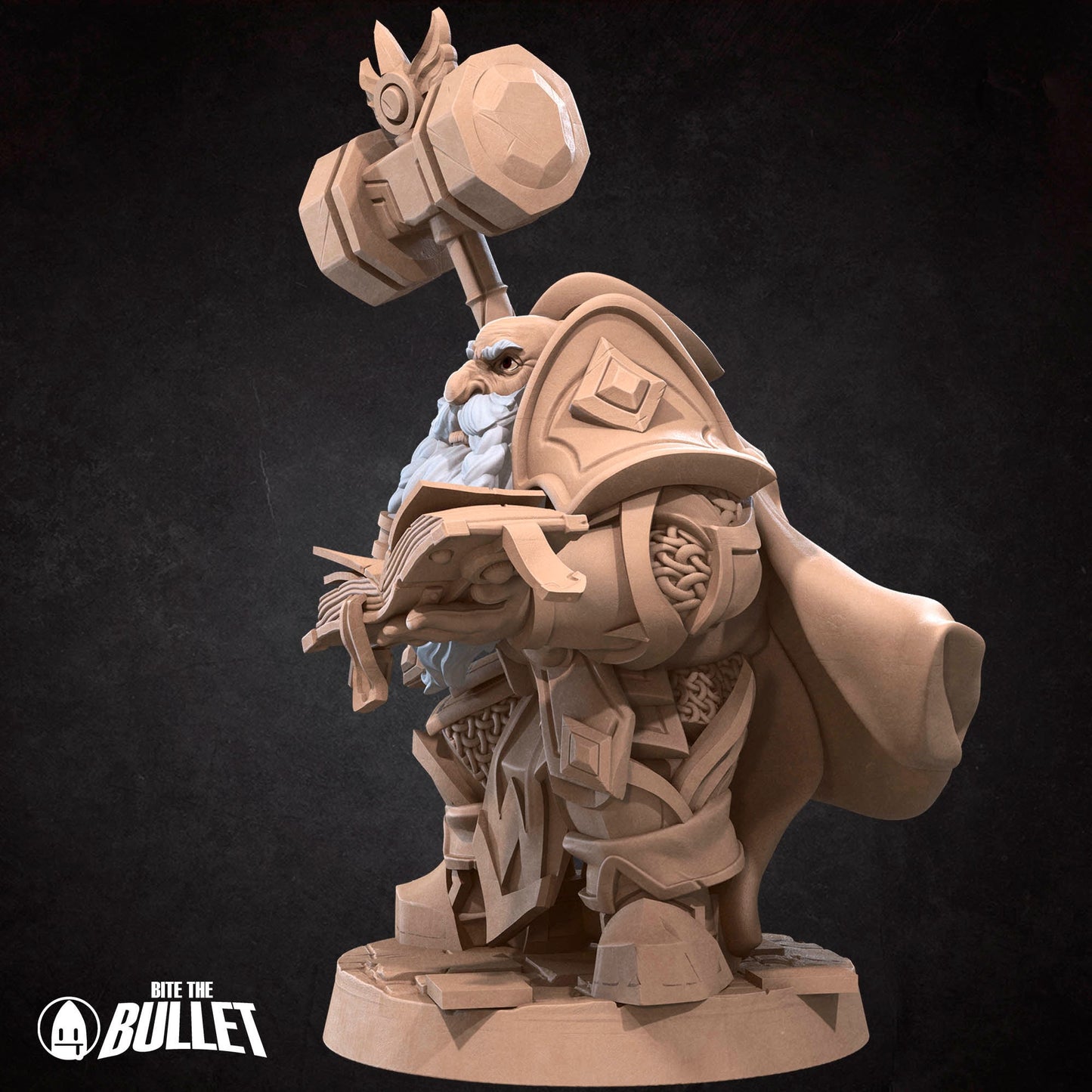 Armored dwarf priest holding a hammer staff and religious book