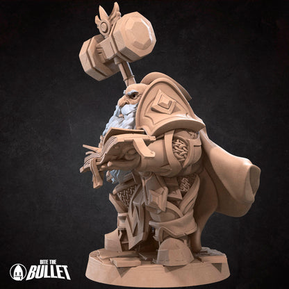 Armored dwarf priest holding a hammer staff and religious book