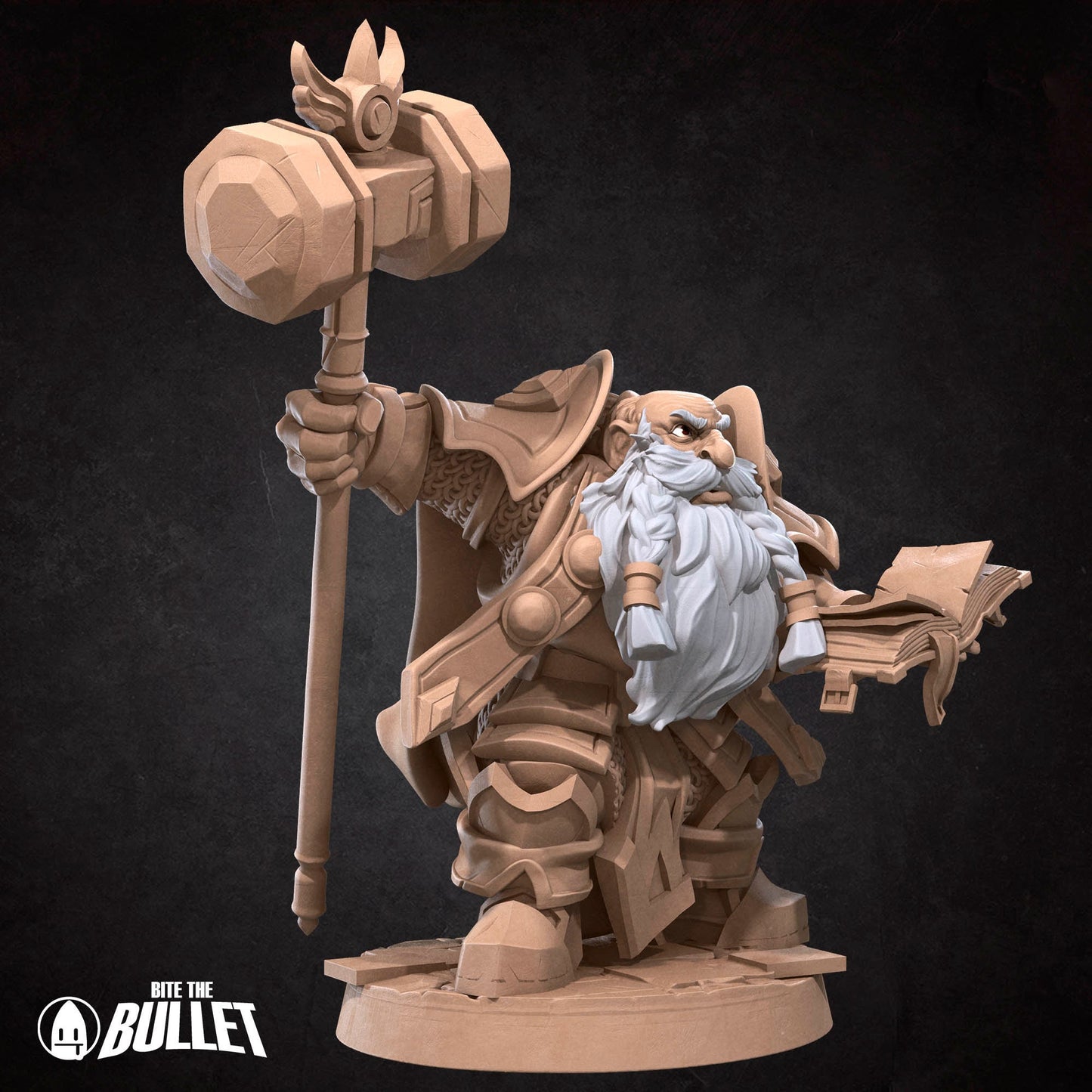 Armored dwarf priest holding a hammer staff and religious book