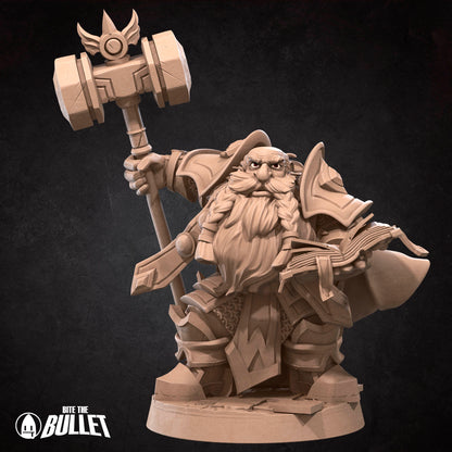 Armored dwarf priest holding a hammer staff and religious book