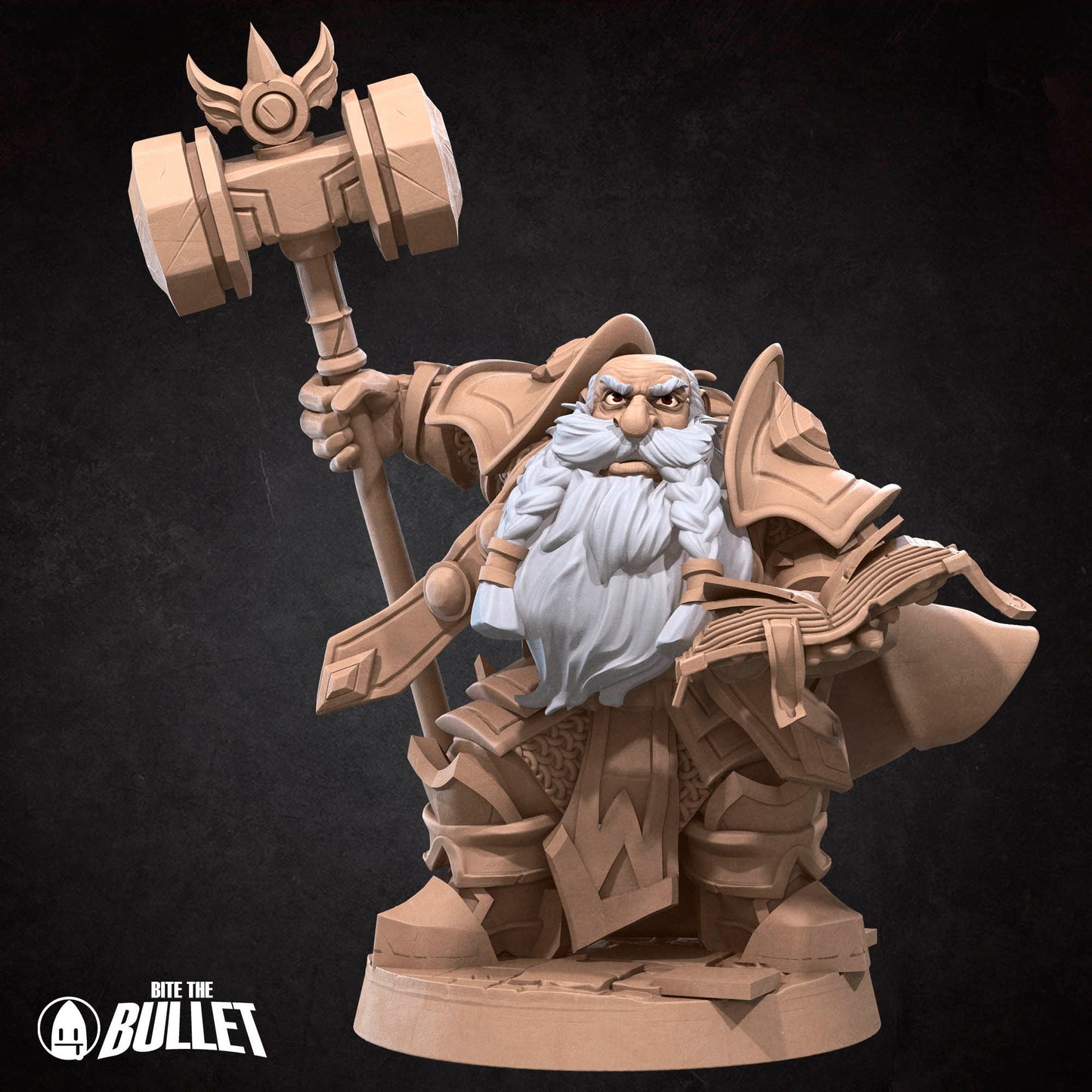 Armored dwarf priest holding a hammer staff and religious book