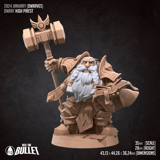 Armored dwarf priest holding a hammer staff and religious book