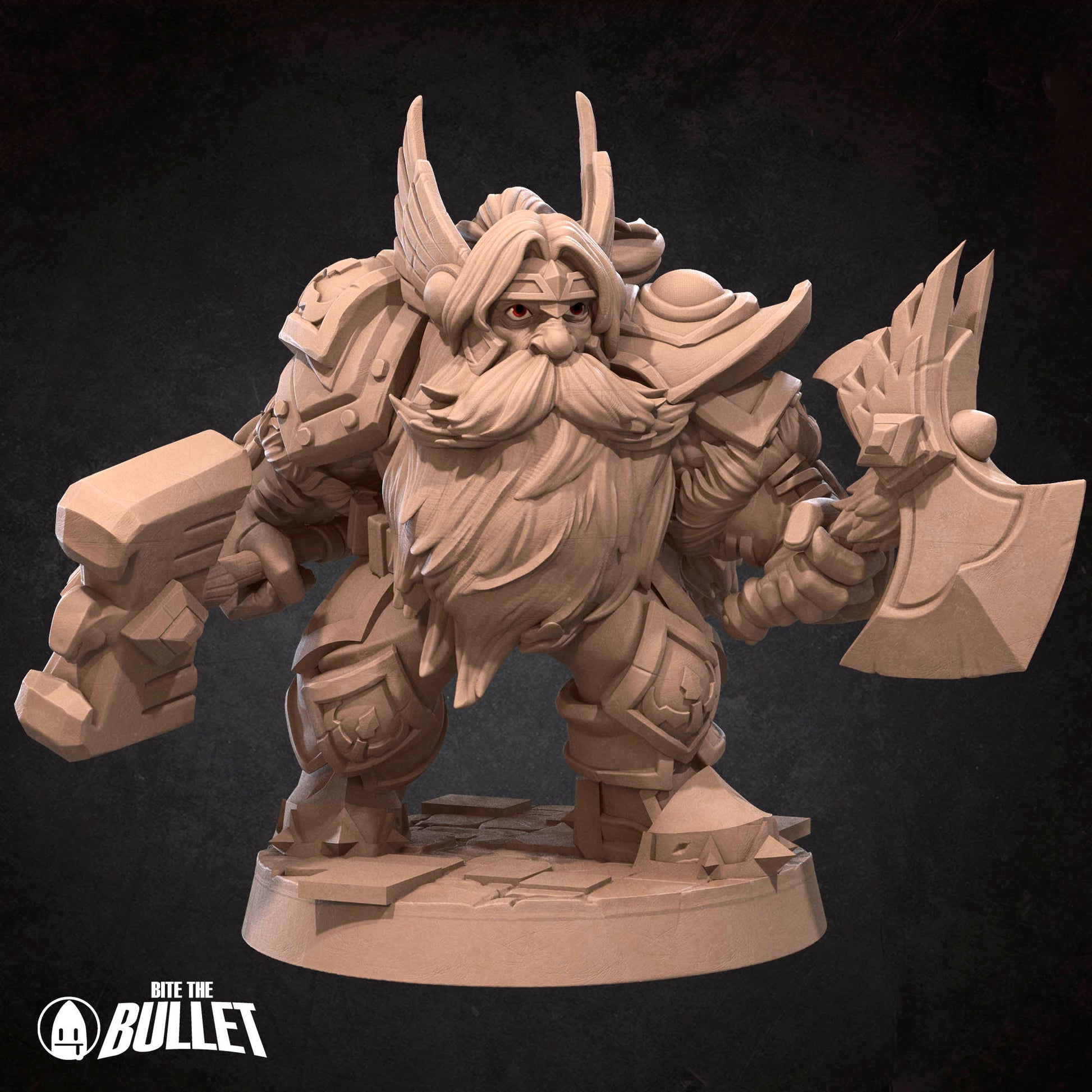 Armored dwarf general holding an axe and hammer