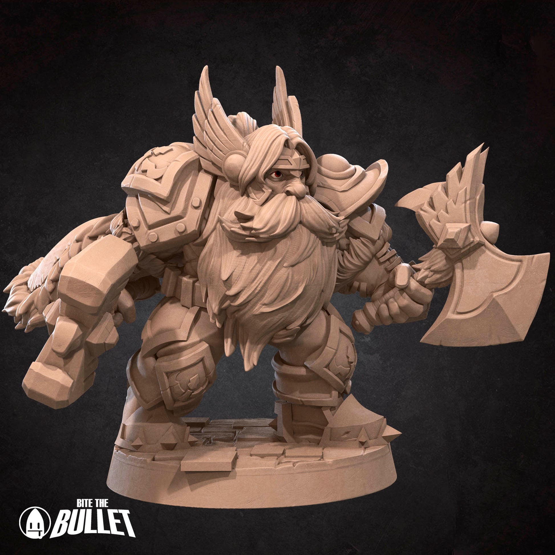 Armored dwarf general holding an axe and hammer