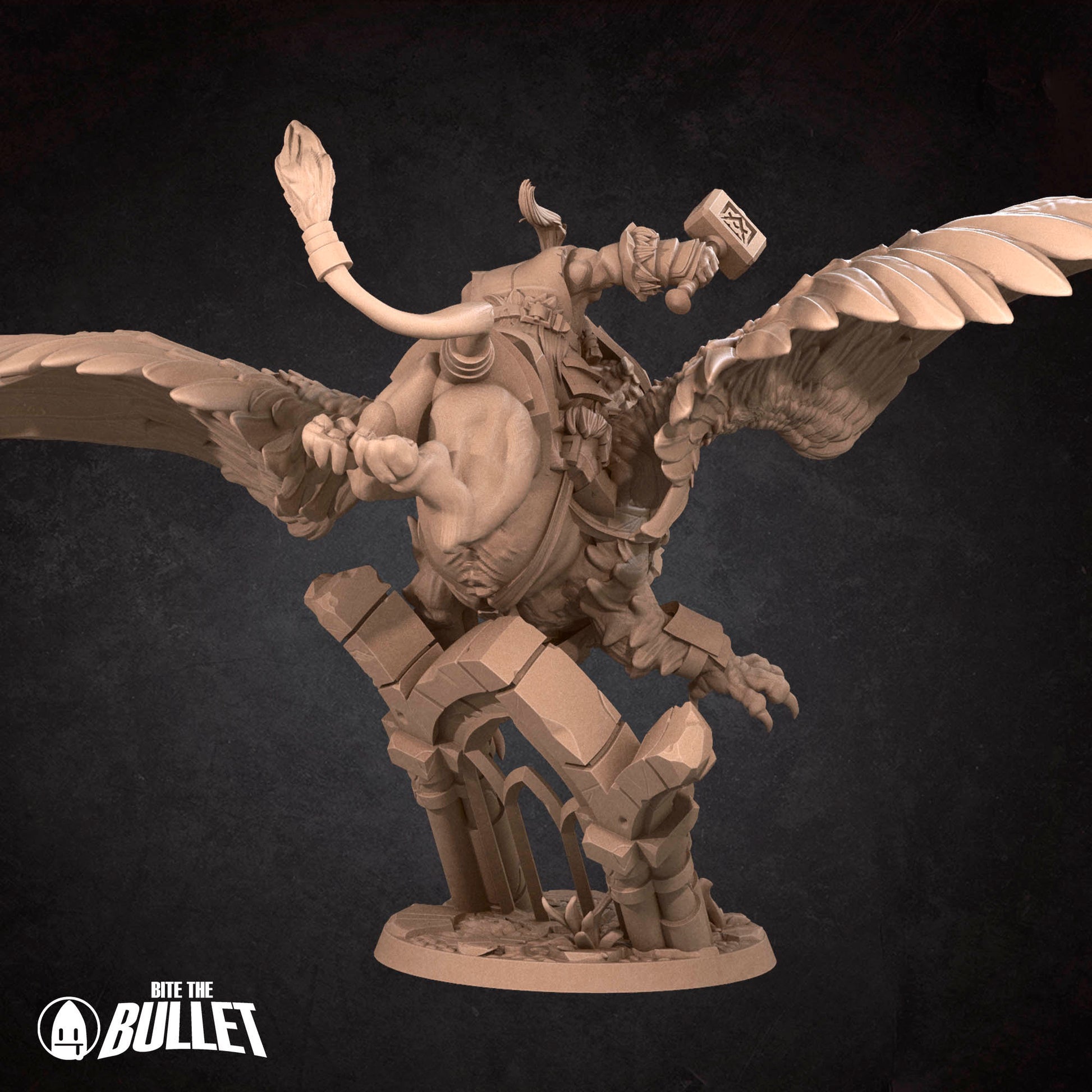Highly detailed dwarf holding a hammer riding a gryphon