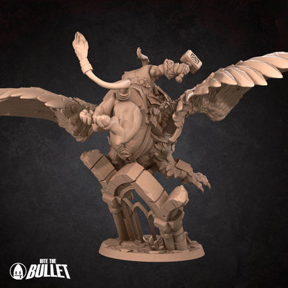 Highly detailed dwarf holding a hammer riding a gryphon