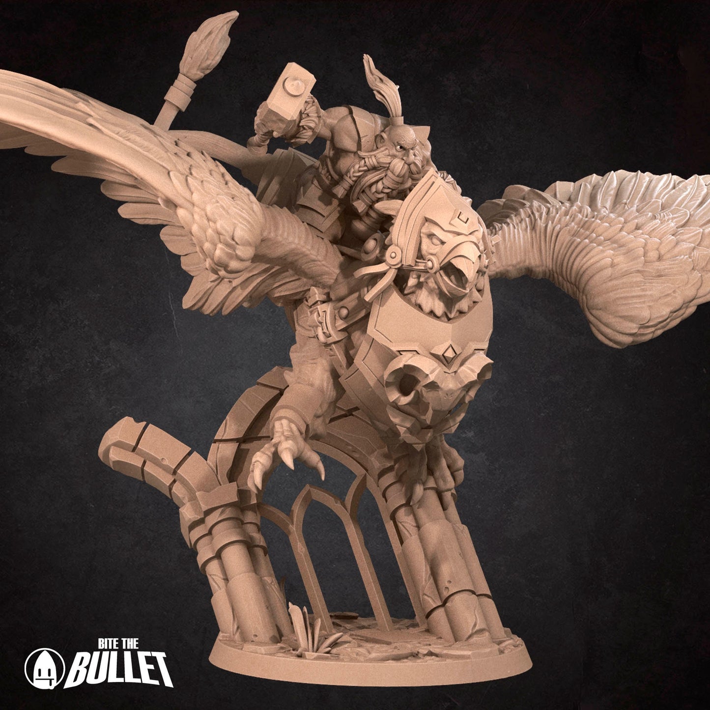 Highly detailed dwarf holding a hammer riding a gryphon