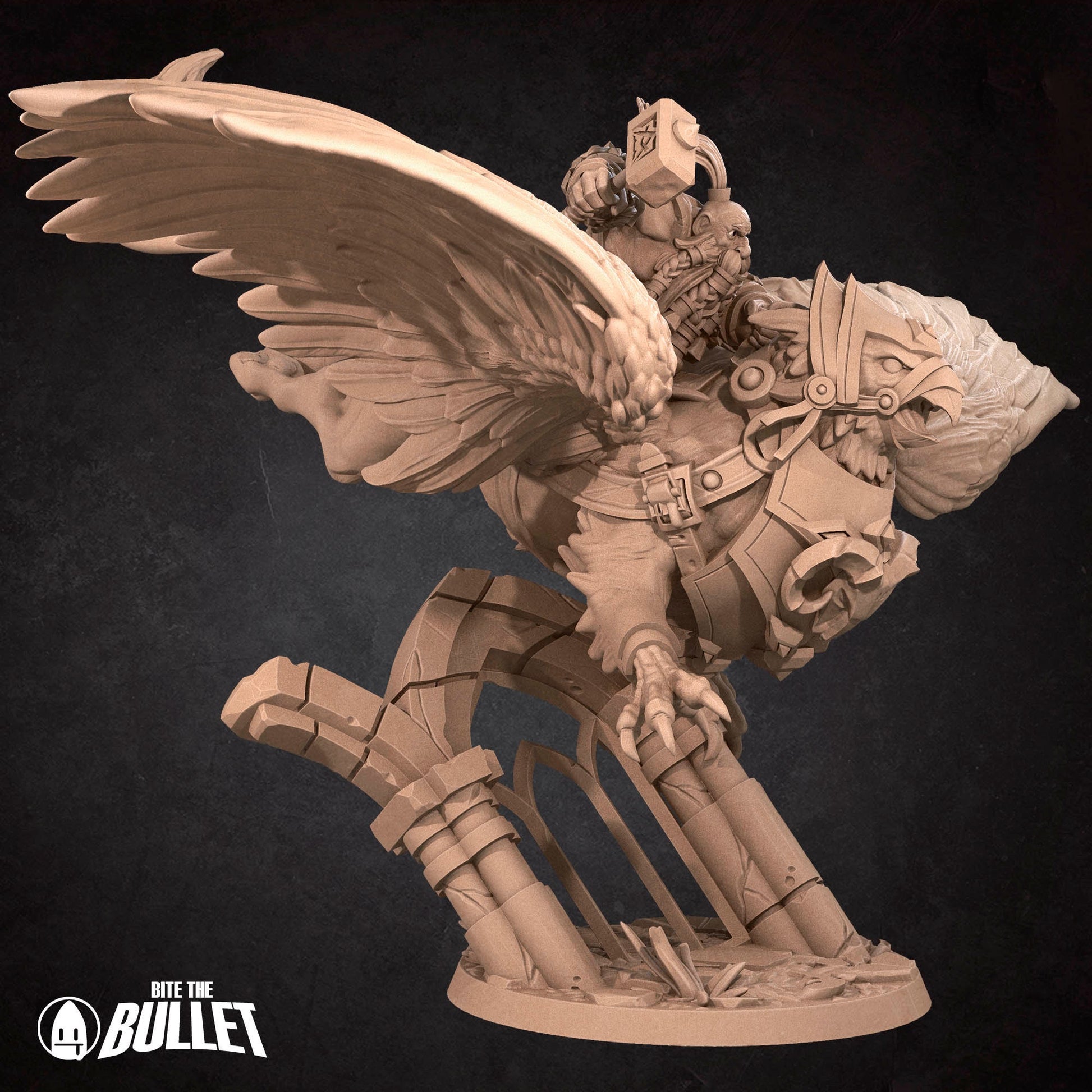 Highly detailed dwarf holding a hammer riding a gryphon