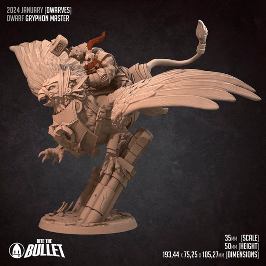 Highly detailed dwarf holding a hammer riding a gryphon